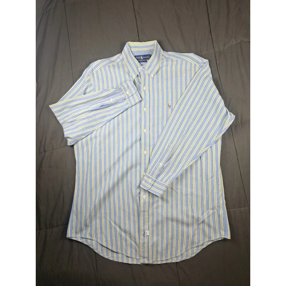 Vintage 90s Polo Ralph Lauren Mens Blue Yellow Stripes Button Flesh Pony 16.5-33